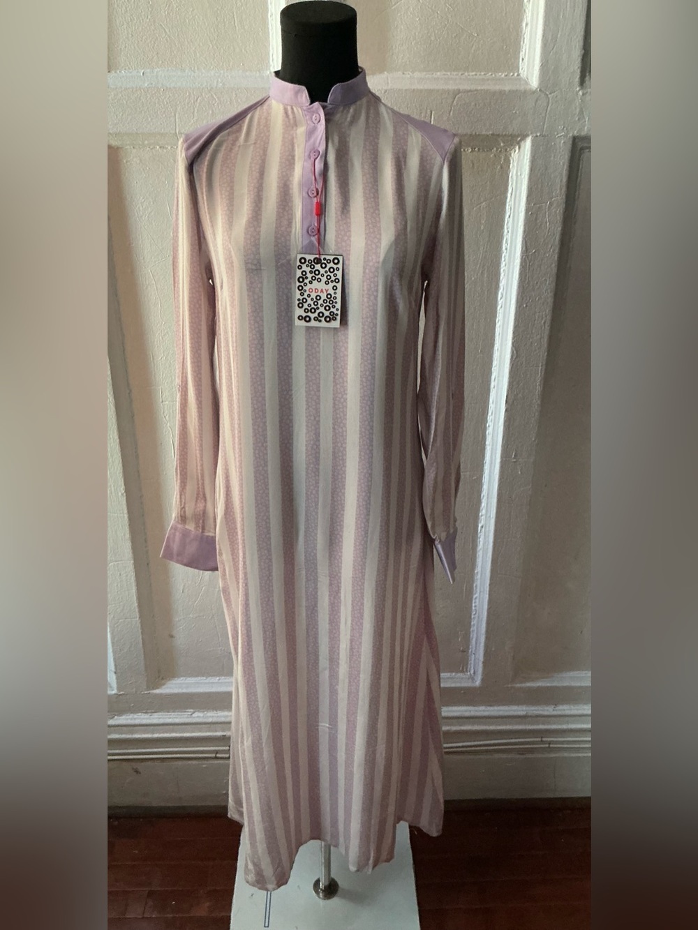 ODAY Striped Maxi Dress in Lavender and Cream with Mandarin Collar